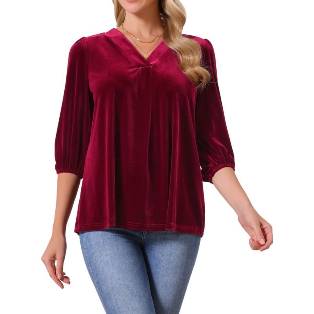 Velvet V Neck 3/4 Puff Sleeve Fall Winter Casual Tunic T-Shirt Wine Red